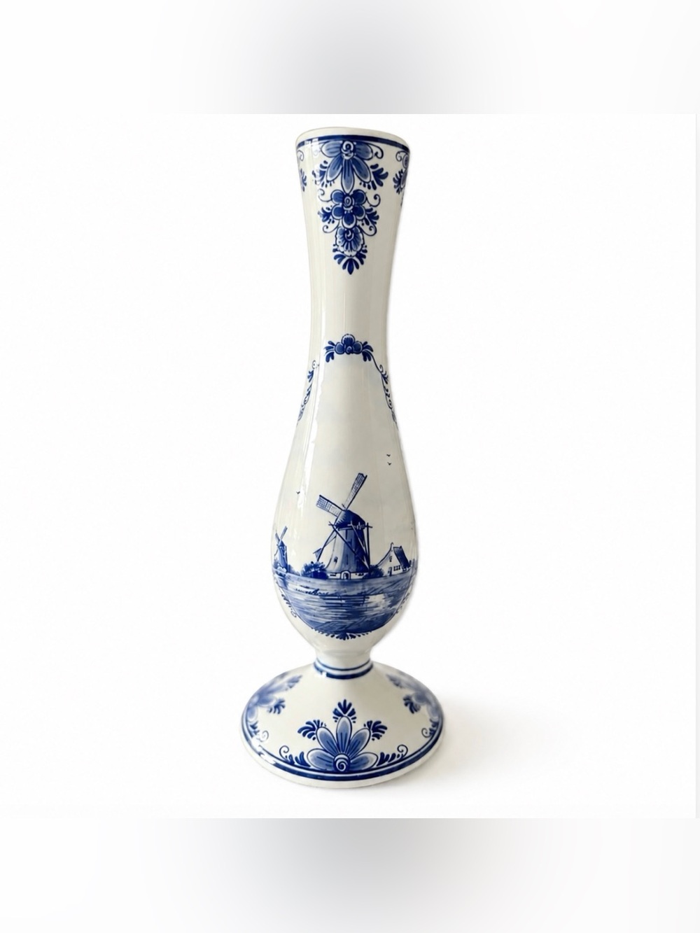 Delft Huys Blue & White Windmill Vase Authentic Hand Painted Beautiful Vintage